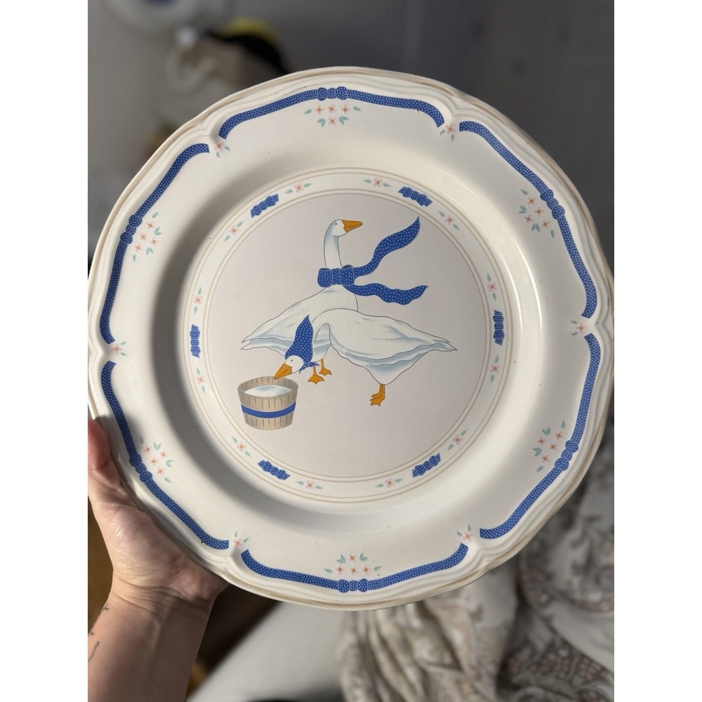Newcor Stoneware Countryside Geese Chop Plate Platter 12.25" Vintage Blue Ribbon
